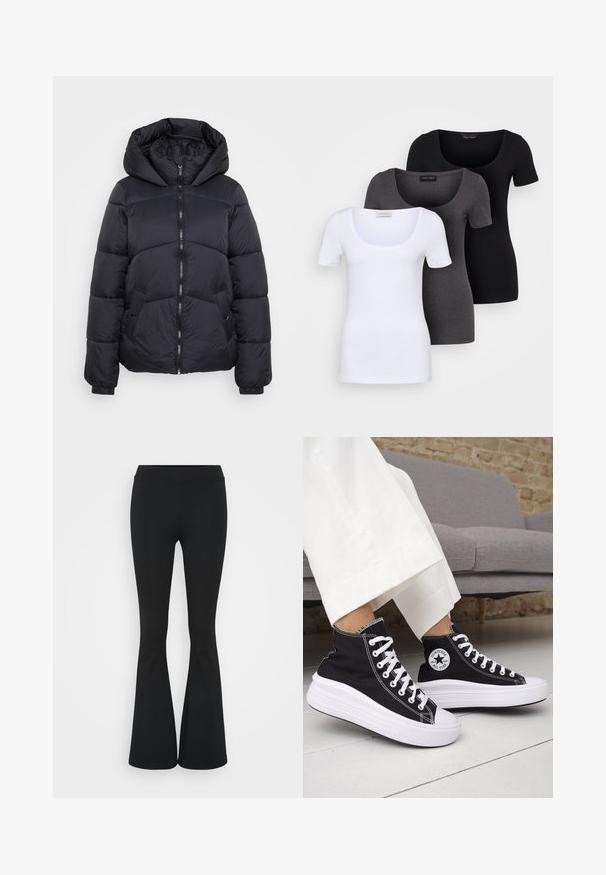 Črn puhovka s kapuco, z zadrgo spredaj, stranskimi žepi in elastifikovanimi manžetami. Gladka tekstura s prešito zasnovo.; Tri prilegla majica v beli, sivi in črni barvi. Vsaka ima širok izrez na vratu in kratke rokave. Narejene so iz gladkega, raztegljivega materiala.; Črne hlače s širokimi hlačnicami, izdelane iz raztegljive tkanine, z visokim pasom in gladko teksturo. Hlače se širijo od kolena navzdol.; Črni visoki supergi z belimi gumijastimi podplati in vezalkami. Na njih je okrogel logotip in kontrastno belo šivanje. Iz blaga platna.