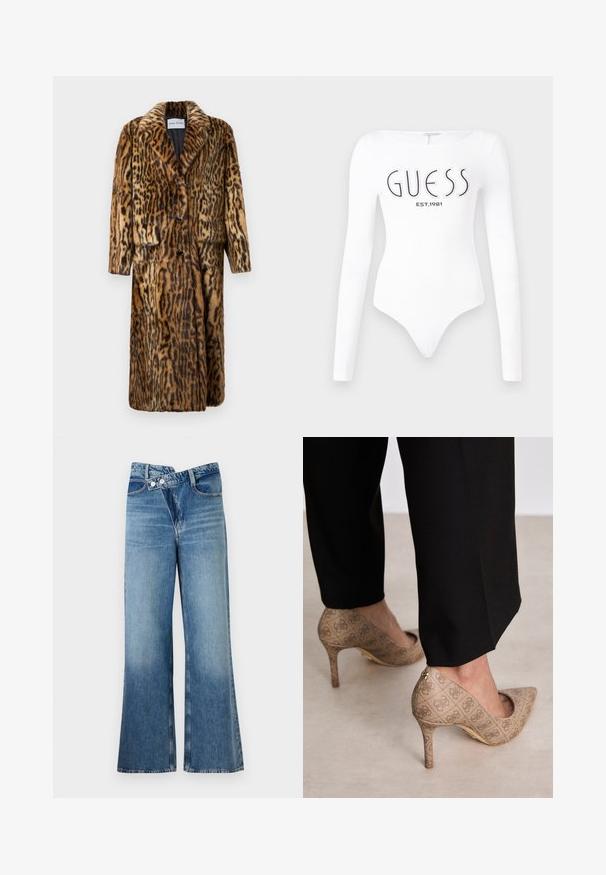 Kožna kaput s uzorkom leoparda, kragnom, tri gumba, dva prednja džepa i dugim rukavima. Mekana tekstura i topao dizajn.; Bijela bodysuit s dugim rukavima i okruglim izrezom. Na prednjoj strani ispisani su "GUESS" logo i "EST.1981" u crnoj boji. Glatka tekstura.; Svijetloplave traperice s izrezom i visokim strukom, s dva gumba i prednjim džepovima. Tkanina ima izblijeđenu teksturu s suptilnim varijacijama.; Bež cipele s visokom petom izrađene od teksturiranog materijala s ponavljajućim uzorkom. Dizajn s oštrim vrhom s pozadinskim naglaskom i zlatnim detaljem na peti.