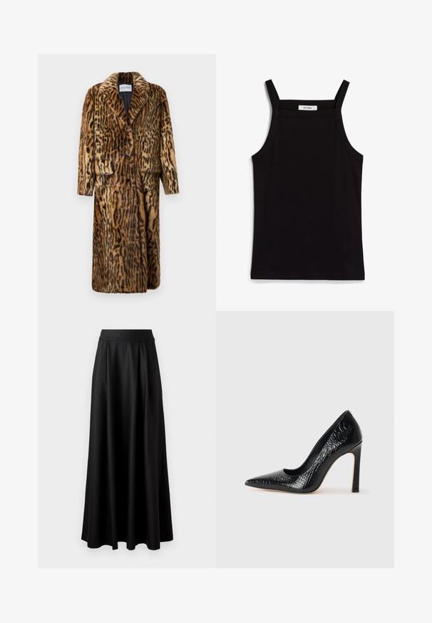 Manteau en fourrure à motif léopard avec un col, trois boutons, deux poches avant et manches longues. Texture douce et design chaud.; Débardeur noir à fines bretelles, en tissu côtelé, avec une coupe droite et une étiquette au niveau du col indiquant "IVY OAK."; Jupe longue noire avec une texture lisse, une taille large et un design plissé, sans motifs ni embellissements visibles.; Escarpin noir à bout pointu avec texture en cuir de crocodile, présentant un design élégant, un haut talon aiguille et un intérieur noir lisse.