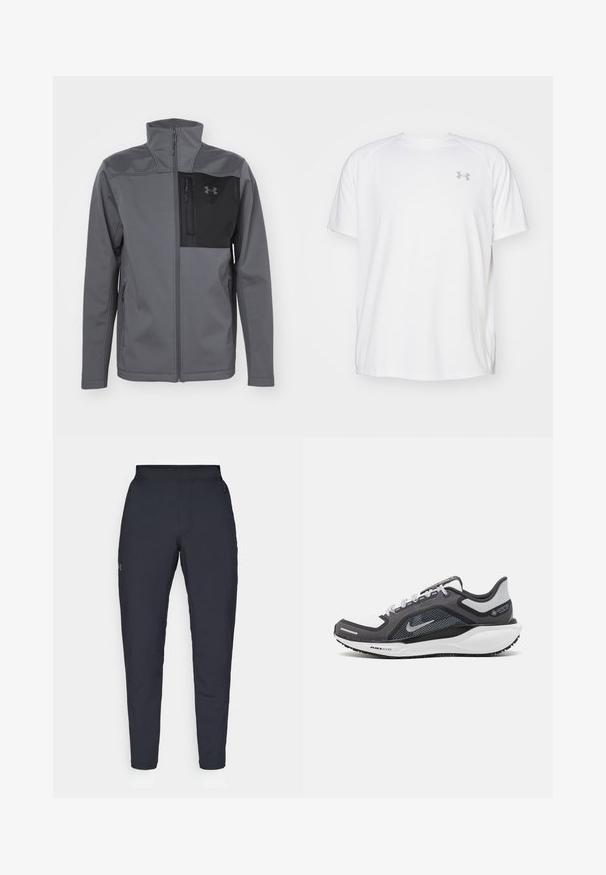 Under Armour SHIELD JACKET - Veste softshell - castlerock/black; T-shirt de sport à manches courtes de couleur blanche, fabriqué en tissu lisse. Il présente un col rond et un logo gris sur la poitrine gauche, avec des fentes sur les côtés au niveau de l'ourlet.; Pantalons de sport noirs avec une texture lisse, coupe slim, taille élastique et poches latérales. Présente un petit logo sur la cuisse gauche.; Baskets de sport noires et grises avec un empeigne en maille, des accents réfléchissants et un intermédiaire blanc. Comprend une semelle extérieure en caoutchouc texturé et des lacets.