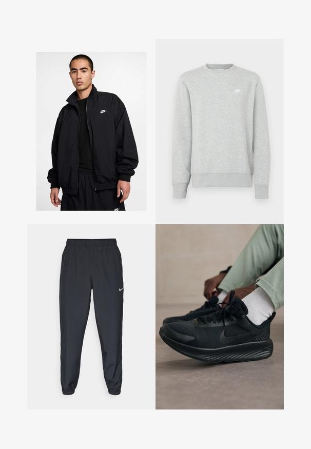 Casaco preto da Nike com gola alta, fecho de correr frontal, punhos elásticos e um pequeno logo branco no peito esquerdo; fabricado com material leve.; Sweatshirt cinzenta feita de material suave de fleece, apresenta punhos e bainha canelados, com um pequeno logótipo branco da Nike no peito.; Calças de treino pretas feitas de um tecido leve, com um cós elástico, punhos nos tornozelos e um discreto logótipo da Nike no lado esquerdo.; Os sapatilhas de corrida Nike pretas apresentam um cabedal em malha, sola texturizada e uma marcação mínima. O design é elegante e com uma aparência atlética.