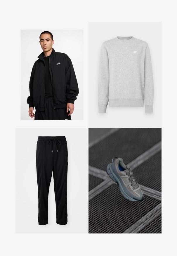 Casaco preto da Nike com gola alta, fecho de correr frontal, punhos elásticos e um pequeno logo branco no peito esquerdo; fabricado com material leve.; Sweatshirt cinzenta feita de material suave de fleece, apresenta punhos e bainha canelados, com um pequeno logótipo branco da Nike no peito.; Calças casuais pretas com cordão na cintura, com bolsos laterais e corte reto, sobre um fundo simples.; Sapatilha atlética bege e cinza com parte superior em malha texturizada, ponta arredondada e sola de borracha, com atacadores e colarinho almofadado.
