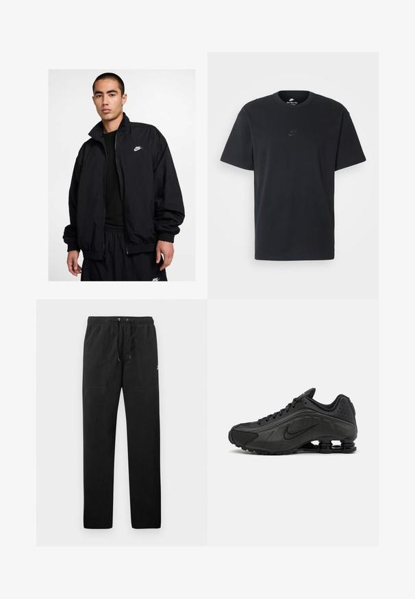 Casaco preto da Nike com gola alta, fecho de correr frontal, punhos elásticos e um pequeno logo branco no peito esquerdo; fabricado com material leve.; T-shirt de algodão preto da Nike com um clássico decote redondo, mangas curtas e um logótipo em relevo discreto no peito. Textura suave.; Calças de fato de treino pretas feitas de polar, com uma cintura elástica e cordões, dois bolsos frontais e um pequeno logótipo na coxa.; Ténis de corrida pretos com um upper sintético suave, acentos perfurados, painéis laterais texturizados e uma sola distinta e elástica.