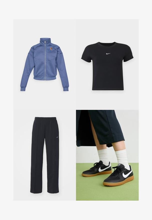 Blue zip-up jacket with a high collar, featuring a geometric design and a small logo on the left chest. Made from smooth fabric.; Black short-sleeve t-shirt made of cotton with a round neckline. Features a white Nike logo on the chest, minimalistic design, and fitted shape.; Black Nike jogger pants with an elastic waistband and side pockets, featuring a small white logo on the left leg and a straight fit design.; Black leather and synthetic sneakers with white Nike swoosh, rubber gum sole, round toe, and black laces. Ribbed white socks visible.