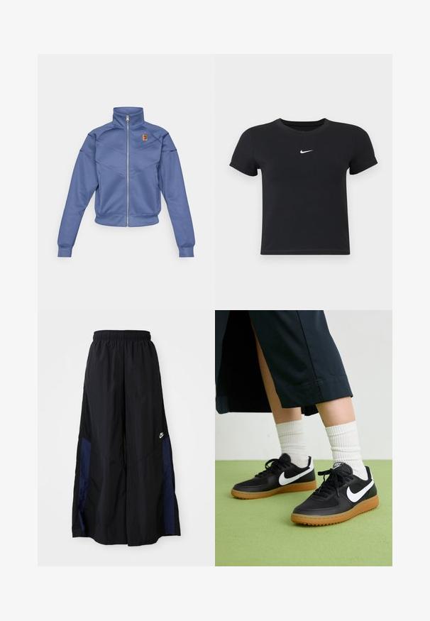Modrá bundá na zips s vysokým golierom, so geometrickým dizajnom a malým logom na ľavom prsníku. Vyrobená z hladkej tkaniny.; Čierne tričko s krátkym rukávom vyrobené z bavlny s okrúhlym výstrihom. Obsahuje biele logo Nike na hrudi, minimalistický dizajn a priliehavý strih.; Čierne voľné nohavice vyrobené z ľahkého materiálu, s námorníckym modrým postranným panelom a elastickým pásom. Malé biele logo na spodnej časti.; Čierne kožené a syntetické tenisky so bielym logom Nike, gumenou podrážkou, okrúhlou špičkou a čiernymi šnúrkami. Viditeľné biele pruhované ponožky.