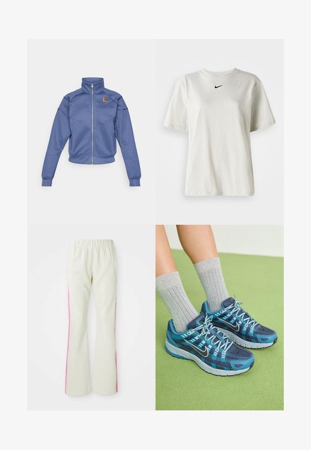 Sinine tõmblukuga jope kõrge kraega, millel on geomeetriline muster ja väike logo vasakul rinnal. Valmistatud siledast kangast.; Valge puuvillane T-särk, millel on ümmargune dekoltee ja lühikesed varrukad. Rinnal on väike must Nike logo. Lihtne ja kaunistusteta disain.; Heledad beežid püksid elastse vöökoha ja roosade külgmiste paneelidega, mis sisaldavad küljetaskuid. Sile tekstuur ja sirge lõige.; Sinine ja teal värvi sportlikud jalaniked, millel on võrkmaterjalist ülemine osa, tugevdatud varvas, nööriga kinnitamine ja valge tald. Kombineeritud hallide sooniliste sokkidega rohelisel pinnal.