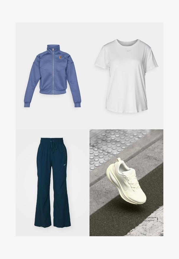 Blue zip-up jacket with a high collar, featuring a geometric design and a small logo on the left chest. Made from smooth fabric.; White short-sleeve T-shirt made of smooth fabric, featuring a round neckline and a small grey Nike logo on the chest.; Navy blue, lightweight jogger pants with an elastic waistband, drawstring, flared legs, and a small white Nike logo on the front.; White running shoe with textured upper, mesh panels, laces, and a cushioned sole. Features a reflective accent and slight curvature.