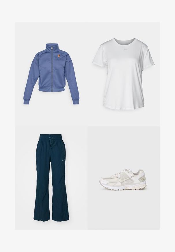 Sinine tõmblukuga jope kõrge kraega, millel on geomeetriline muster ja väike logo vasakul rinnal. Valmistatud siledast kangast.; Valge lühikeste varrukatega T-särk, mis on valmistatud siledast kangast, ümarate kaelustega ning mille rinnal on väike hall Nike logo.; Tumed blue, kerged jogger-püksid elastse vööjoone, nööriga, laienevate jalgadega ja väikese valge Nike logo'ga ees.; Valge spordijalats, mis on valmistatud võrkpinnast ja sünteetilistest materjalidest. Omab tekstuurset disaini, pehmendatud kaelaosasid ja geomeetrilisi aktsente kannal.