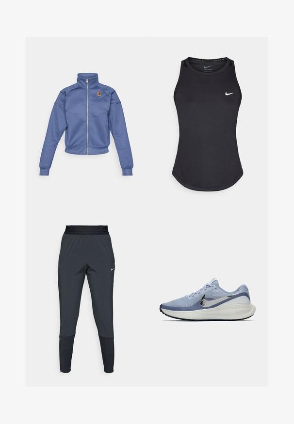 Blå glidelåsjakke med høy krage, med geometrisk design og en liten logo på venstre bryst. Laget av glatt stoff.; Svart atletisk tanktopp laget av fukttransporterende materiale. Har rund hals, slim fit og hvit Nike-logo på brystet.; Nike treningsbukser i mørkegrå, med en tapered ben design, elastisk midjebånd og detaljert dekorasjon nær mansjettene.; Lys blå og hvit Nike løpesko med sølvfarget swoosh, pustende mesh-overdel, polstret såle og svart yttersåle med mønster.