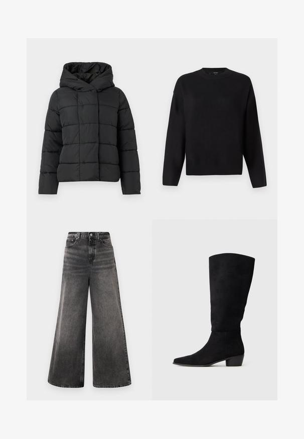 Svart polstret jakke med hette, med en kviltet design, rett snitt og glatt tekstur. Glideløs frontlukking.; Svart strikket genser med rund hals, senkede skuldre og ribbestrikkede mansjetter. Jevn tekstur og en avslappet, boxy passform.; Bredde ben svarte denim jeans med falmet vask, fem-lommers design og knappelukking i livet, med sømdetaljer.; Svart semsket knelang støvel med lav blokkheel og spiss tå, vist i sidevisning på en enkel lys grå bakgrunn.