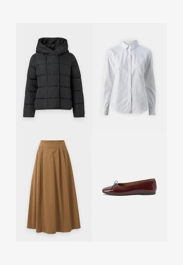 Čierna vypchávkovaná bunda s kapucňou, s prešívaným dizajnom, rovný strih a hladká textura. Predné zapínanie bez zipsu.; Biela košeľa s gombíkmi vyrobená z hladkej bavlny, s klasickým golierom, dlhými rukávmi a zakriveným lemom. Gombíky sú malé a biele.; Hnedá bavlnená sukňa A-línie s vysokým pásom, so skladmi vpredu a hladkou textúrou. Hranice sú čisté a jednoduché.; Burgundské lakované balerínky s okrúhlou špičkou, malou mašľou na prednej strane a nízkou čiernou gumovou podrážkou. Hladký povrch.