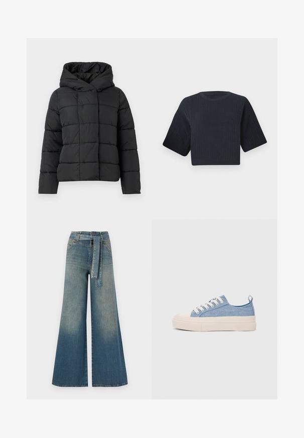 Svart polstret jakke med hette, med en kviltet design, rett snitt og glatt tekstur. Glideløs frontlukking.; Mørk marineblå cropped strikkegenser med ribbet tekstur, korte vide ermer og rund hals. Enkel design, ingen synlige mønstre eller detaljer.; Bredde ben jeans med en lyseblå til mørkeblå gradient, høyt liv, beltehemper og et matchende belte i samme stoff. Teksturert denimoverflate.; Lys blå canvastøfler med en kremfarget gummitupp og yttersåle, med hvite snørebånd og en løfteløkke på hælen.