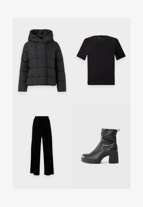 Čierna vypchávkovaná bunda s kapucňou, s prešívaným dizajnom, rovný strih a hladká textura. Predné zapínanie bez zipsu.; Čierne tričko s krátkym rukávom a okrúhlym výstrihom, vyrobené z mäkkej bavlny. Jednoduchý dizajn, bez viditeľných log alebo vzorov.; Čierne široké nohavice zo soft velvetu, s elastickým pásom a hladkou textúrou, bez viditeľných detailov alebo vzorov.; Čierne členkové topánky z hladkej kože, so bočným zipsom, robustnou textúrovanou pätnou časťou a zaobleným dizajnom špičky.