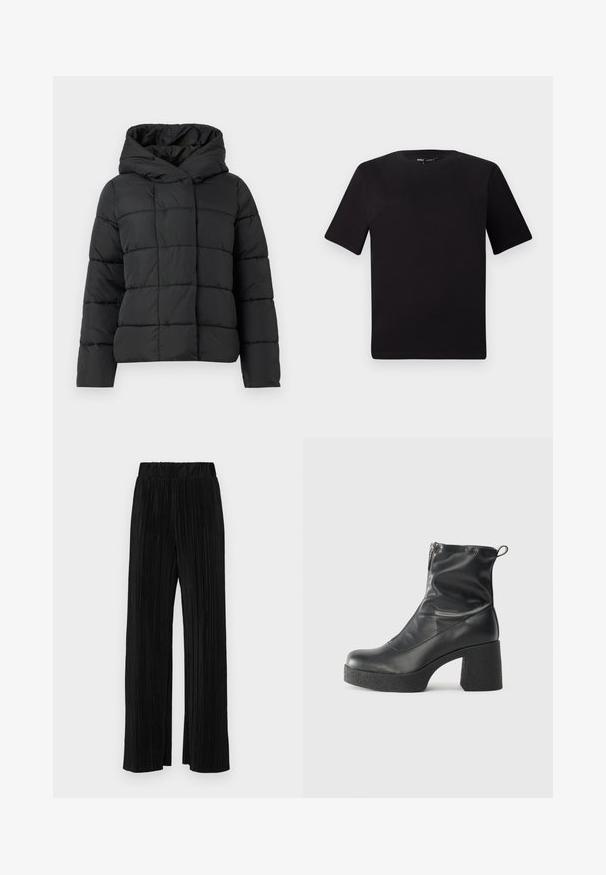Fekete párnázott dzseki kapucnival, steppelt mintával, egyenes szabással és sima textúrával. Cipzár nélküli elülső záródás.; Fekete, rövid ujjú póló, kerek nyakkal, puha pamutból készült. Egyszerű dizájn, nincs látható logó vagy minta.; Fekete pliszírozott nadrág gumis derekkal. Széles lábakkal rendelkezik, sima, texturált anyagból készült, függőleges csíkokkal.; Fekete bokacsizmák sima bőrből, oldalsó cipzárral, vastag, texturált sarkú és lekerekített orrú dizájnnal.