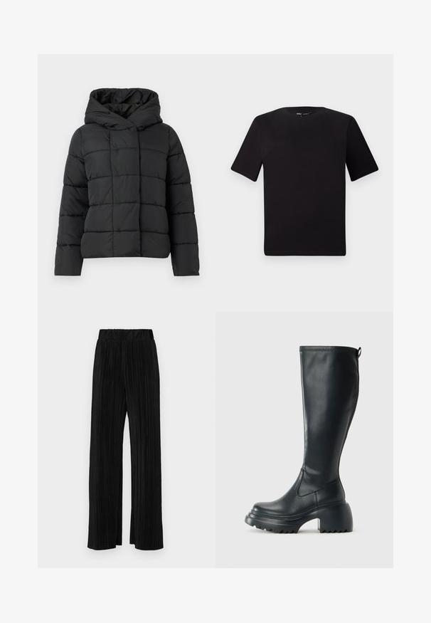 Čierna vypchávkovaná bunda s kapucňou, s prešívaným dizajnom, rovný strih a hladká textura. Predné zapínanie bez zipsu.; Čierne tričko s krátkym rukávom a okrúhlym výstrihom, vyrobené z mäkkej bavlny. Jednoduchý dizajn, bez viditeľných log alebo vzorov.; Čierne plisované nohavice s elastickým pásom. Majú široké nohavice a hladkú, textúrovanú látku s vertikálnymi pruhmi.; Vysoká čierna kožená čižma s masívnou platformou a blokovým podpätkom, s praktickým pútkom a textúrovaným vzorom na podošve.