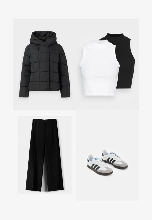 Črna podložena jakna s kapuco, s kvadratnim dizajnom, ravnim krojem in gladko teksturo. Brez zadrge spredaj.; Dva brezrokavniki z rebrasto turtleneck gorami v črni in beli barvi, z oblikovanim dizajnom in gladko teksturo, v skrajšani dolžini.; Črne široke hlače iz lahkega materiala, z zapiranjem na gumb spredaj in ravnim sprednjim delom, s skrbno zašiti robovi.; Športni čevlji z belim usnjenim zgornjim delom, sivim semišem na prstih in tremi črnimi črtami. Imajo modro logo na jeziku in teksturiran gumijast podplat.
