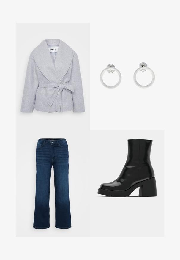Pilkas apvalkalas su plačiu apykakle ir ilgomis rankovėmis, pagamintas iš minkštos medžiagos. Yra juostos diržas juosmens srityje ir lygus vidinis pamušalas.; Even&Odd Petite 3 PACK - Ilgarankovis viršutinės dalies drabužis - black/white/light green; ONLY Petite ONLMADISON BLUSH WIDE - Platėjantys džinsai - dark blue denim; Juodi kulkšniniai batai su blizgiu paviršiumi, kvadratiniu pirštu ir storu blokiniu kulnu. Dizainas pasižymi be siūlių siluetu ir minimalia ženklinimo. ; Sidabriniai metaliniai auskarai žiedų pavidalu su šveitimo tekstūra, turintys apvalų dizainą ir skaidrų laikiklį saugiam dėvėjimui.