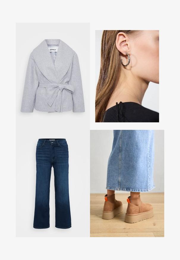 Grå wrap-jacka med bred krage och långa ärmar, tillverkad av mjukt tyg. Har ett knytbälte i midjan och en slät innerfoder.; Even&Odd Petite 2 PACK - Linne - light grey/black; ONLY Petite ONLMADISON BLUSH WIDE - Wide leg - dark blue denim; Bruna mockakängor med plattform och elastiska sidopaneler samt orange dragflikar, till kombinerade med en knälång ljus denimkjol på ett trägolv.; Silverörhänge med polerad yta, med små detaljer i guld och rund form, bärs på loben.