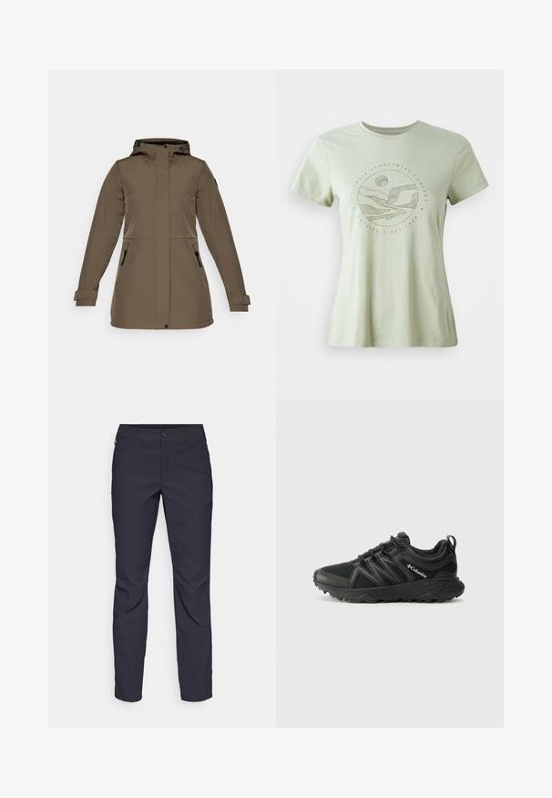 Brun vattentät jacka med huva, två fickor med dragkedja på sidorna och justerbara ärmar. Slät textur och strömlinjeformat mönster.; Ljusgrön kortärmad t-shirt med en rund grafisk design i beige, som skildrar berg, en flod och solen. Mjuk tyg med rundad hals.; Marina blå byxor i slät tyg, med framknäppning, slim-fit design och veckade detaljer vid knäna.; Columbia PEAKFREAK - Hikingskor - black