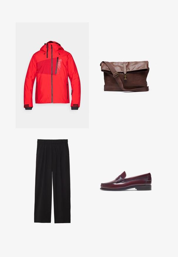 CMP MAN JACKET FIX HOOD - Skijacke - ferrari; Weißes Hemd mit einem Kragen mit besticktem Blumenmuster, Spitzenverzierung und einer schwarzen Fliege mit blauer Applikation. Lange Ärmel.; Schwarze, weite Hose mit gefälteltem Vorderteil, seitlichen Taschen und einer glatten Stoffstruktur. Entworfen für eine entspannte Passform.; Burgunderfarbene Lederloafer mit abgerundeter Zehenform, gestickten Details und einem kleinen dekorativen Akzent auf dem Blatt. Flache, kontrastierende Sohle.; Braune Leder-Umhängetasche mit einem umklappbaren Deckel, verstellbarem Tragegurt, Metallbeschlägen und glatter Oberfläche. Enthält einen Frontverschluss mit Schlaufe.; Quadratische Quarz-Armbanduhr mit einem weißen Zifferblatt, blauen Zeigern, römischen Ziffern, einem Datumsdisplay und einem schwarzen Lederarmband mit strukturiertem Finish.