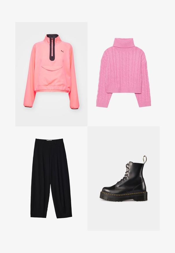 Roza skrajni pulover z visokim ovratnikom in pol zadrgo, ki ima sprednji žep in črne detajle na zadrgi ter manšeta.; Skrajšan roza pulover s turtleneck ovratnikom, izdelan iz teksturirane pletenine v kabelskem vzorcu, s rebrastim ovratnikom in manšetami, dolgimi rokavi ter oprijetim robom.; Črne široke hlače iz lahkega materiala z naprsnimi gubami, klasičnim pasom in stranskimi žepi. Gladko teksturo.; Črne usnjen lace-up gležnjarje z debelim črnim podplatom in rumenim šivanjem. Imajo zanko na hrbtni strani in okrogle kovinske učke.