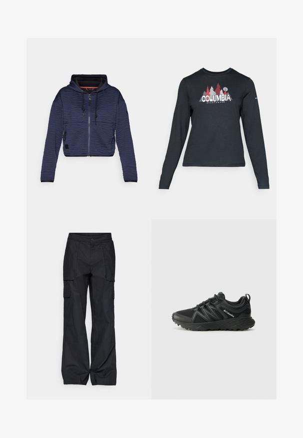 Chaqueta recortada de color azul marino con patrón de olas texturizado, cierre frontal de cremallera, capucha con cordón y dos bolsillos laterales con cremallera.; Camisa de manga larga gris oscuro con un gráfico de árboles rojos y montañas; logo "COLUMBIA" en texto blanco en negrita. Tela suave, cuello redondo estándar.; Columbia BREA FALLS™ COTTON RIPSTOP PANT - Pantalones montañeros largos - black; Columbia PEAKFREAK - Zapatillas de senderismo - black