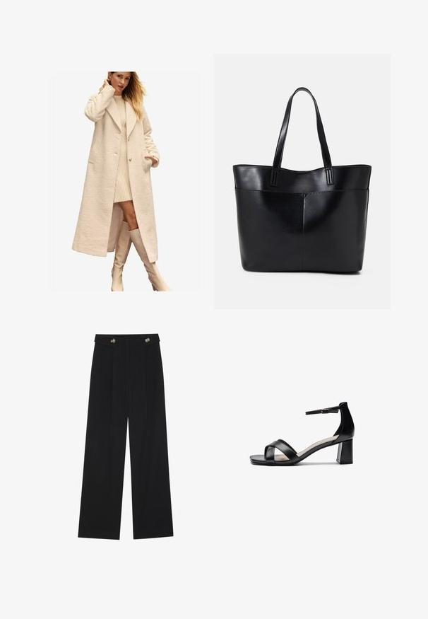 Pitkä, kerma värinen villakangastakki, jossa on huopakaulus, kaksi etutaskua ja tekstuuri, yhdistetty ribbireunaisiin kerma värisiin mekkoihin ja polvimittaisiin saappaisiin.; Kaksi pitkähihainen paitaa, yksi musta ja yksi valkoinen, molemmat neliönmallisella kaula-aukolla ja pehmeästä, joustavasta kankaasta valmistettu.; Mustat leveälahkeiset housut, joissa on korkea vyötärö, napit vyötärönauhassa ja etupuolella laskokset.; Musta avotossu, jossa on ristikkäiset hihnat, säädettävä nilkkaremmi ja paksu korko, painottuen sileään nahkatextuuriin.; Musta nahkainen kassi, jossa on kaksi pitkää kahvaa, sileä pinta ja jämäkkä muoto. Sisältää etutaskun lisävarastointia varten.