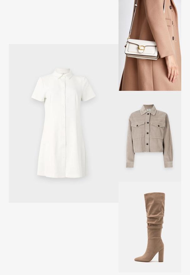 Zkrátená kordová bunda v svetlej béžovej farbe s špicatým golierom, dvoma náprsními vreckami a čiernymi gombíkmi. Mäkká textura s ryhovaným vzorom.; Kratké rukávy, košilové šaty vo bielej látke. Obsahujú golier, rozšírený lem a dve bočné vrecká. Hladká textúra s klasickým dizajnom.; Anna Field Čižmy - beige; Biela kožená crossbody taška so zlatým zapínaním, s pevnou konštrukciou, kontrastnými okrajmi a tenkým nastaviteľným popruhom.