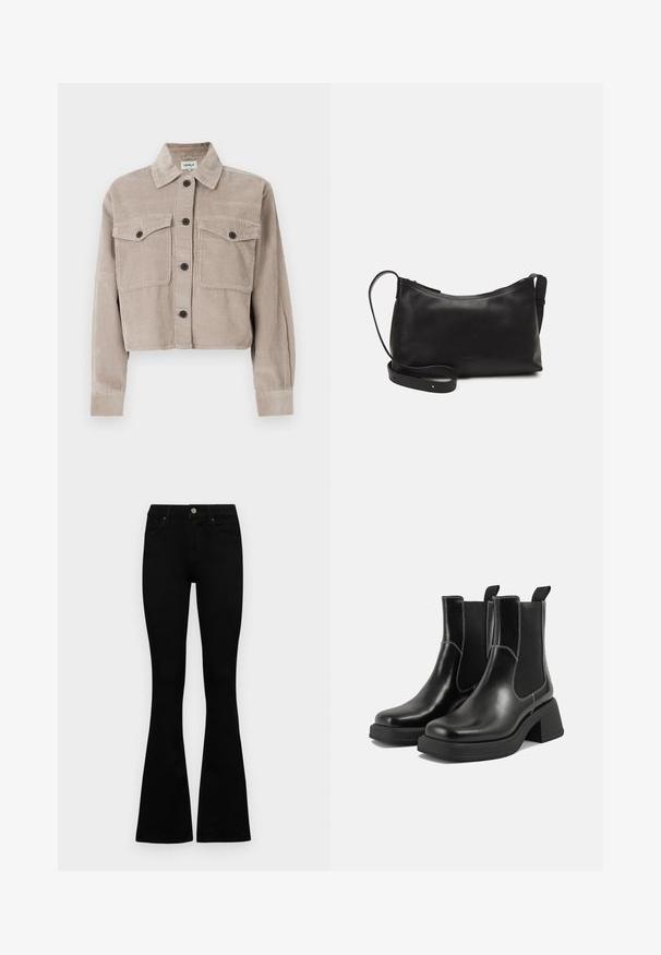 Veste en velours côtelé coupée en beige clair avec un col pointu, deux poches poitrine et des boutons noirs. Texture douce avec un motif à côtes.; Pull ajusté noir à manches longues et côtelé avec un col rond, présenté sur un fond clair uni.; Jean noir taille haute avec fermeture à bouton et à zip, poches avant et jambes évasées, posés à plat sur un fond blanc.; Bottes Chelsea en cuir noir avec un talon épais, des panneaux latéraux élastiques et des coutures blanches contrastantes. Fini texturé.; Sac à épaule en cuir noir avec une texture lisse, une forme courbée, une bandoulière ajustable et une fermeture éclair. Design minimaliste sans embellissements.