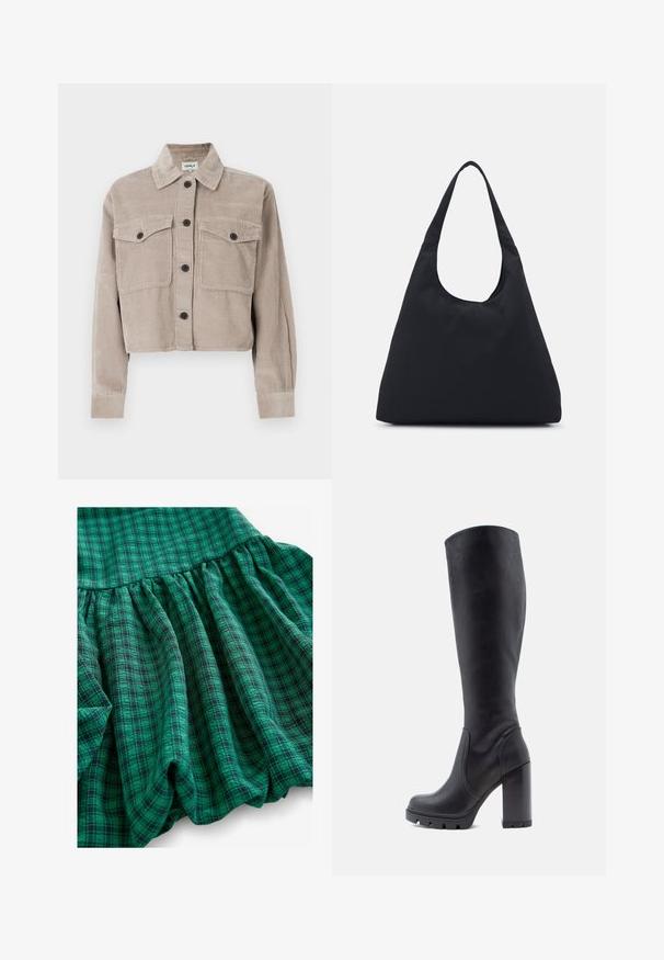 Cropped corduroy jacket in light beige with a pointed collar, two chest pockets, and black buttons. Soft texture with ribbed pattern.; New Look Blouse - black; Green plaid fabric features with varying shades, gathered texture, and ruffled hem. Material looks breathable and lightweight.; Black knee-high boot, smooth leather material, chunky heel, rounded toe, textured sole with grip, sleek design without embellishments.; Black fabric bag with a single, wide shoulder strap. Soft, semi-structured shape and smooth texture; minimal design, without visible hardware.
