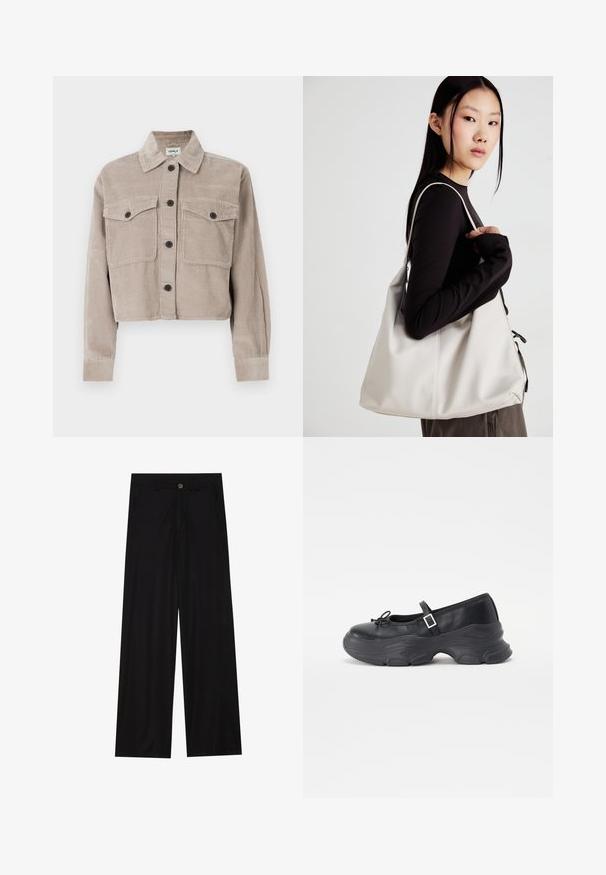 Veste en velours côtelé coupée en beige clair avec un col pointu, deux poches poitrine et des boutons noirs. Texture douce avec un motif à côtes.; Ensemble de deux hauts à manches longues en blanc et noir. Texture côtelée, col rond, design ajusté avec des manches légèrement évasées.; Pantalons noirs à jambes larges en tissu lisse, avec poches avant et fermeture à bouton à la taille. Design minimaliste sans motifs.; Chaussure Mary Jane en cuir noir avec un bout rond, un détail en nœud et une sangle de cheville ajustable. Elle possède une semelle en caoutchouc épaisse avec des accents arrondis.; Sac à main beige en matériau souple, avec un design décontracté, des détails cousus et deux poignées. Idéal pour un usage quotidien.