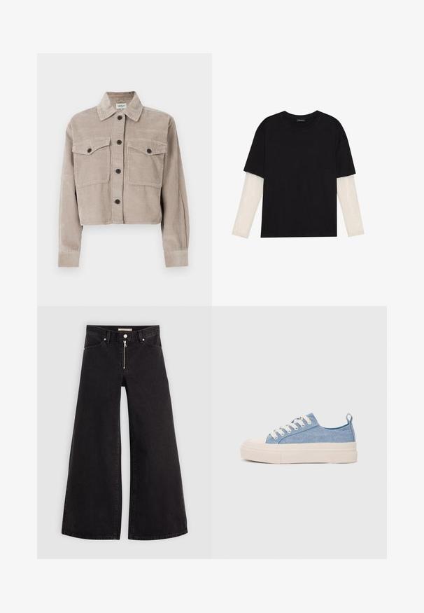 Kuttet cordfløyelsjakke i lys beige med spiss krage, to brystlommer og svarte knapper. Myk tekstur med ribbet mønster.; Svart T-skjorte laget av bomull, med korte ermer over et hvitt langermet lag med en subtil teksturert mønster. Rund hals design.; Vide benbukser i sort denim med glidelås i front, fem-lomme design og subtile sømdetaljer. Glatt tekstur og avslappet stil.; Lys blå canvastøfler med en kremfarget gummitupp og yttersåle, med hvite snørebånd og en løfteløkke på hælen.