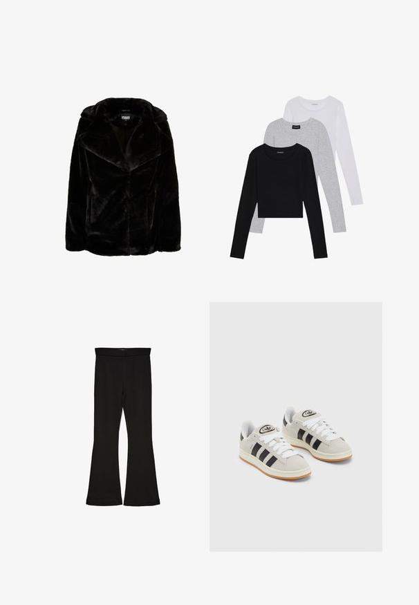 Čierna umelá kožušina so širokým klopom, dlhými rukávmi a voľným strihom. Hladká textúra a čisté línie vytvárajú moderný siluetu.; Tričko s dlhým rukávom v troch farbách: čiernej, sivej a bielej. Každé má okrúhly výstrih a skrátený strih vyrobený z hladkej, ľahkej tkaniny.; Čierne legíny s flared strihom vyrobené z elastického materiálu. Majú široký pás a hladkú textúru, s priliehavým siluetom, ktorý sa na okraji rozširuje.; Sivé semišové tenisky s bielymi šnúrkami, čiernymi pruhmi a bielou gumovou podrážkou. Obsahujú okrúhly logo na jazyku a gumenú podrážku.