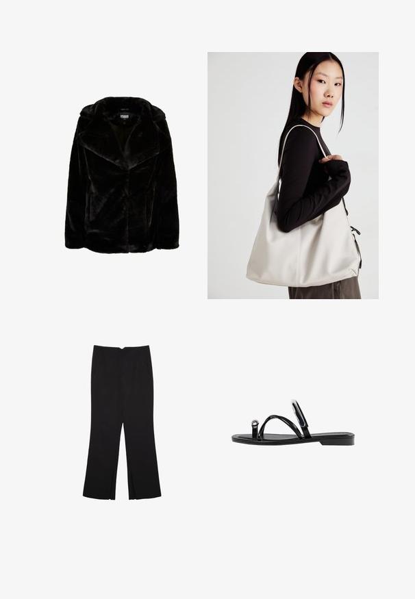 Črna umetna krznena jakna s širokimi reverji, dolgimi rokavi in sproščenim krojem. Gladka tekstura in čiste linije ustvarjajo sodoben videz.; Črna dolgi rokavi prerezana majica s krožnim izrezom, enostaven dizajn in rahlo ukrivljen rob.; Črne hlače ravnega kroja z naglavnimi žepi in stranskimi razporki na robu. Narejene iz mehke, gladke tkanine. Primerne za različne priložnosti.; Črne ravne sandale s sijajno končno obdelavo, tremi tankimi trakovi in okroglo kovinsko podrobnostjo na prstih. Elegantna zasnova z minimalnim peto.; Bežna torbica iz mehkega materiala, z ohlapno zasnovo, šivi in dvema naramnicama. Primerna za vsakodnevno uporabo.