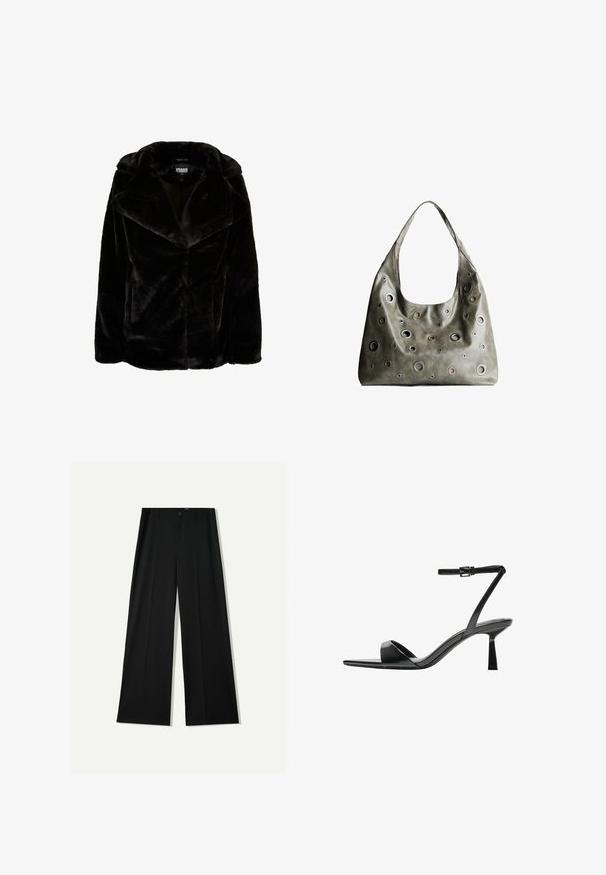 Crna jakna od umjetnog krzna s širokim reverima, dugim rukavima i opuštenim krojem. Glatka tekstura i čiste linije stvaraju modernu siluetu.; Crni dugi rukav uski crop top s okruglim izrezom, jednostavnog dizajna i blago zakrivljenim rubom.; Bershka WIDE - Hlače - black; Bershka Sandale s visokom petom - black; Maslinasto zeleni kožni ručni kovčeg s opuštenim dizajnom, s raznim kružnim izrezima različitih veličina i naglascima u tamnijim i svjetlijim nijansama.