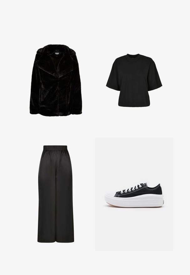 Juodas dirbtinės vilnos švarkas su plačiais atvartais, ilgomis rankovėmis ir laisvu siluetu. Lygi tekstūra ir švarios linijos sukuria modernią siluetą.; Juoda trumpa medvilninė palaidinė. Su trumpomis rankovėmis ir apvaliu iškirpimu. Lygus paviršius su paprastu dizainu, be papildomų raštų.; Juodos plačios kelnės, pagamintos iš lygaus, blizgaus audinio, su elastinga juosmens juosta ir be matomų kišenių ar aparatūros detalių.; Juodi drobės sportbačiai su baltais raišteliais, balta guma ant pirštų ir masyvi balta vidurine dalimi. Yra subtilių baltų siūlių ir guminis padas.