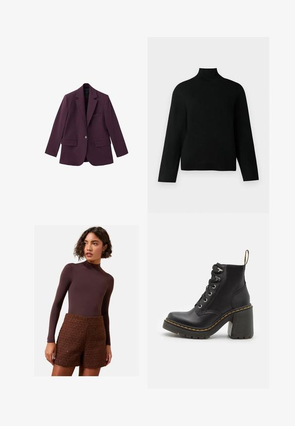 Ljubičasti sako izrađen od glatkog materijala, s oštrim reverom, jednim dugmetom za zatvaranje i dva prednja džepa. Uređen kroj.; Crna rolka izrađena od mekog pletenog materijala, s dugim rukavima i opuštenim krojem. Glatka tekstura bez vidljivih uzoraka ili akcenata.; Smešani smeđi bodi dugih rukava u kombinaciji s teksturiranim smešdim pletenim šortsevima. Bodi ima visoki ovratnik, dok šorts ima strukturirani dizajn.; Crne kožne gležnjače s robusnom visokim potpeticom, vezanjem sprijeda, metalnim rupicama i žutim šavovima uz potplat. Teksturirana guma na potplatu.