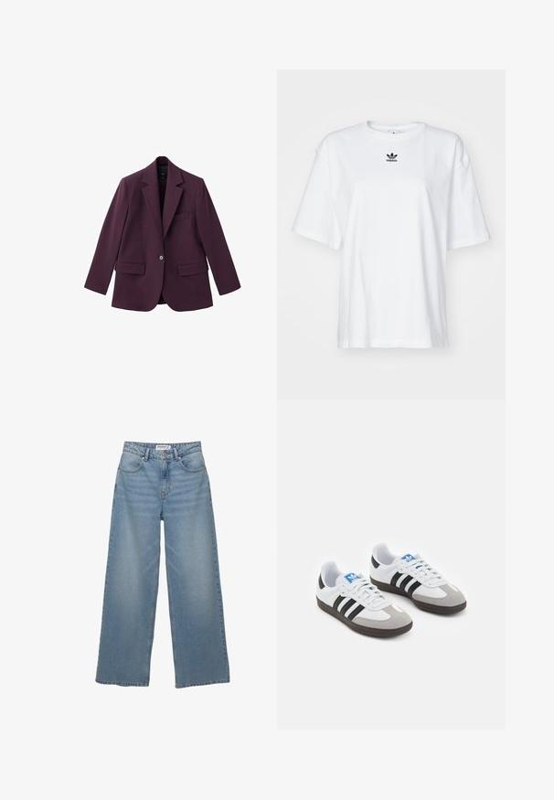 Fioletowy żakiet wykonany z gładkiego materiału, z klapami w języku, pojedynczym zapięciem na guzik oraz dwoma przednimi kieszeniami. Dopasowany krój.; Biała, krótko rękawowa koszulka z bawełny. Posiada okrągły dekolt oraz małe, czarne logo Adidas na klatce piersiowej. Proste zakończenie.; Jasnoniebieskie jeansy typu wide-leg wykonane z denimu. Posiadają wysoką talię, pięć kieszeni oraz prosty krój z minimalnym wyblaknięciem.; Buty sportowe z białą skórzaną cholewką, szarym zamszowym noskiem i trzema czarnymi paskami. Posiadają niebieskie logo na języku oraz teksturowaną gumową podeszwę.