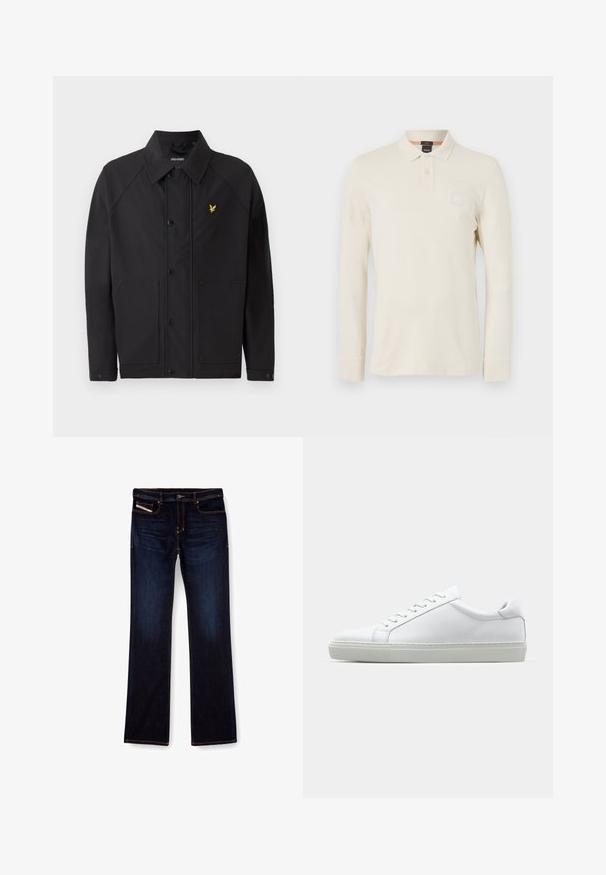 Jachetă neagră cu un guler structurat, două buzunare frontale și un mic logo galben în formă de vultur. Fabricată dintr-un material neted și ușor.; Polo cu mânecă lungă, în bej deschis, fabricat dintr-un material neted, având guler polo, placket cu două butoane și o mică etichetă cu logo pe piept.; Jeans din denim de culoare albastru închis, cu croială dreaptă, prezentând cusături portocalii, fermoar și buzunare frontale. Textură netedă și talie standard.; Adidași albi cu o suprafață din piele netedă și un profil jos. Au un vârf rotunjit, șase orificii pentru șireturi și o talpă din cauciuc texturată.