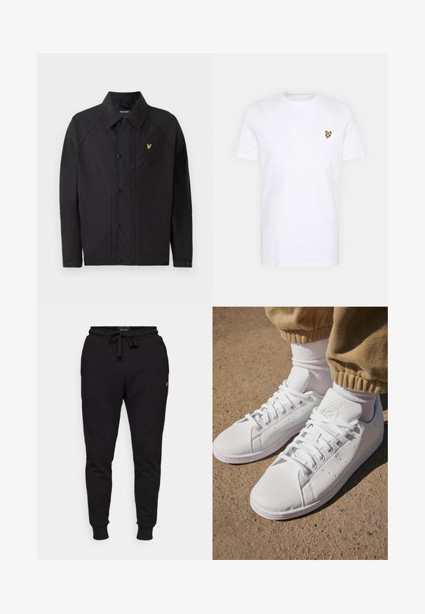 Sort jakke med en struktureret krave, to forlommer og et lille gult ørnelogo. Fremstillet af glat, letvægtsstof.; Hvid bomulds T-shirt med et lille sort og gult broderet logo på venstre bryst. Korte ærmer og rund halsudskæring.; Sorte bomulds joggerbukser med elastisk talje, snøre og ribbede manchetter. Har et lille gult logo på venstre lår.; Hvide lædersneakers med en glat overflade, der har et klassisk snørebånddesign, perforeringer for åndbarhed og en tekstureret gummisål.