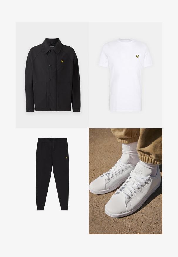 Giacca nera con colletto strutturato, due tasche frontali e un piccolo logo di un'aquila gialla. Realizzata in un tessuto leggero e liscio.; T-shirt bianca in cotone con un piccolo logo ricamato nero e giallo sul lato sinistro del petto. Maniche corte e scollatura rotonda.; Pantaloni jogger neri con vita elasticizzata e coulisse, gambe affusolate con polsini e piccolo logo giallo ricamato sulla coscia destra.; Sneakers bianchi in pelle con superficie liscia, caratterizzati da un classico design con lacci, perforazioni per la traspirabilità e una suola in gomma testurizzata.