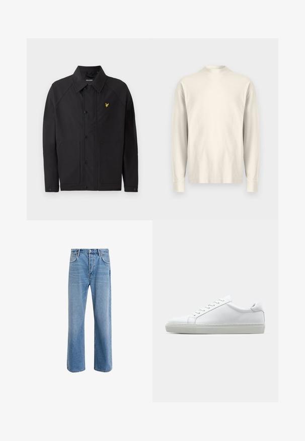 Schwarze Jacke mit strukturiertem Kragen, zwei Fronttaschen und kleinem gelben Adler-Logo. Hergestellt aus glattem, leichtem Stoff.; Langärmliges Shirt mit Stehkragen aus leichtem cremefarbenem Baumwollstoff. Glatte Textur, lockere Passform, minimalistisches Design, keine sichtbaren Muster oder Akzente.; Helle blaue Jeans im Geradeschnitt-Design, mit fünf Taschen, Knopfverschluss, minimaler Ausbleichung und kontrastierenden Nähdetails.; Weißer Sneaker mit glattem Lederobermaterial und niedrigem Profil. Verfügt über eine runde Zehenpartie, sechs Ösen und eine strukturierte Gummisohle.