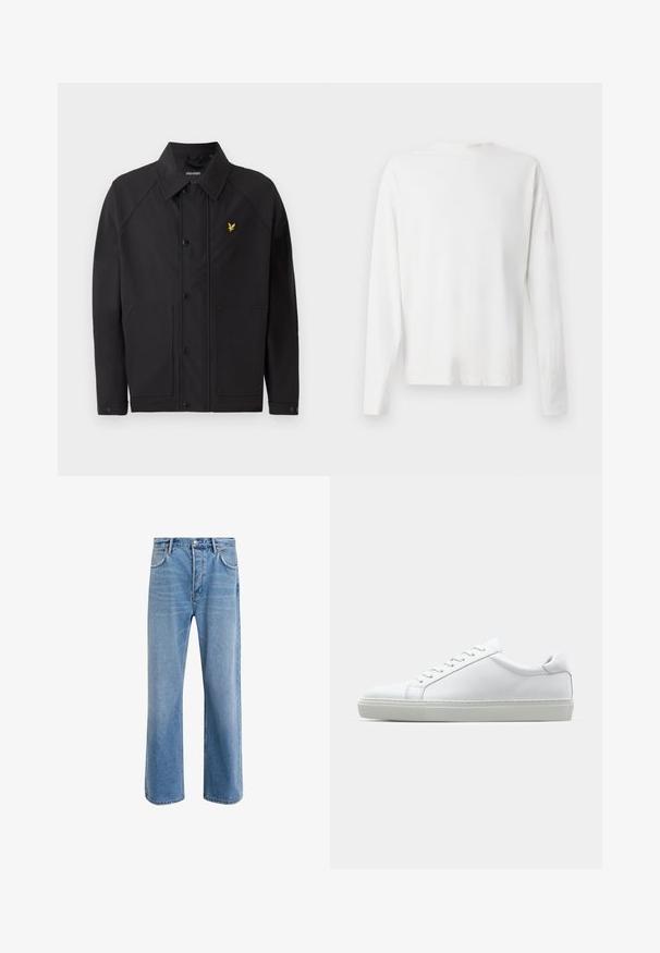 Črna jakna z oblikovanim ovratnikom, dvema sprednjima žepoma in majhnim rumenim logotipom orla. Narejena iz gladkega, lahkega materiala.; Bela bombažna srajca z dolgimi rokavi in okroglo ovratnikom, z bočnimi razporki na dnu in gladko teksturo, prikazana s hrbtne strani.; Svetlo modre denim kavbojke s ravno nogavico, petimi žepi, z gumbom za zapiranje, minimalnim zbledelostjo in kontrastnimi šivi.; Bela športna obutev z gladkim usnjenim zgornjim delom in nizkim profilom. Ima zaokrožen nos, šest lukenj za vezalke in teksturiran gumijast podplat.