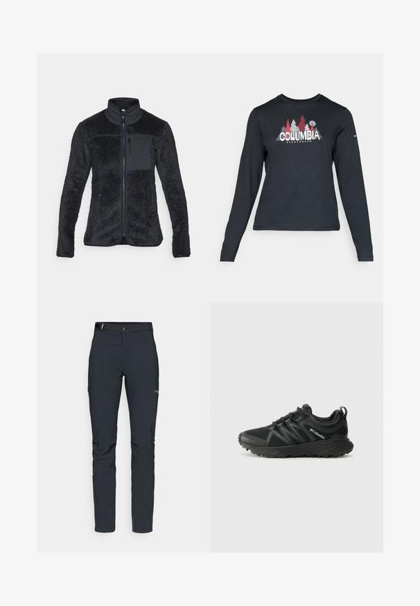 Casaco de lã em cinza escuro com gola alta, fecho frontal zíper e bolsos laterais. Apresenta uma superfície macia e texturizada e um bolso no peito em contraste.; Camisa de mangas longas cinza escuro com um gráfico de árvores vermelhas e montanhas; logótipo "COLUMBIA" em texto branco em negrito. Tecido suave, cuello redondo padrão.; Calças de exterior para homens, cinza escuro, feitas de material flexível, com cinto, bolsos com fecho éclair e costuras reforçadas.; Columbia PEAKFREAK - Sapatos de caminhada - black