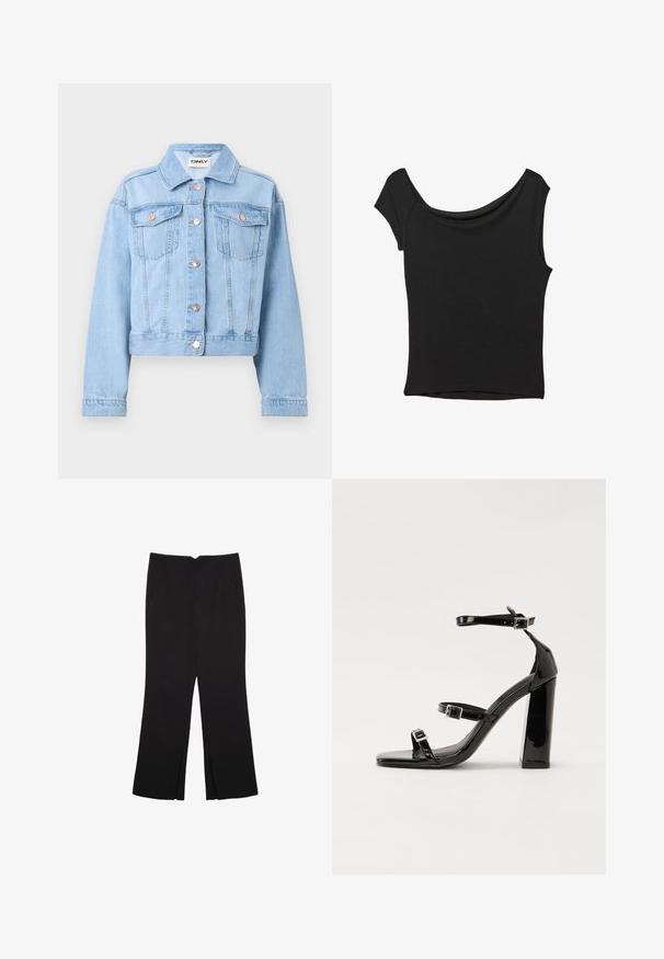 Svetlo modra jeans jakna s ovratnikom, gumbom spredaj in dvema žepoma na prsih. Ima dolge rokave in skrajšan rob.; Črna kratka majica s kratkimi rokavi iz gladkega blaga; ima drapiran izrez in asimetrično spodnjo rob, s prilegnjenim telesom.; Črne hlače ravnega kroja z naglavnimi žepi in stranskimi razporki na robu. Narejene iz mehke, gladke tkanine. Primerne za različne priložnosti.; Črne lakirane sandale s peto, kvadratnim prstom, trakovi okrog gležnja in srebrnimi zaponkami. Opremljene so s stabilno Debelo peto.