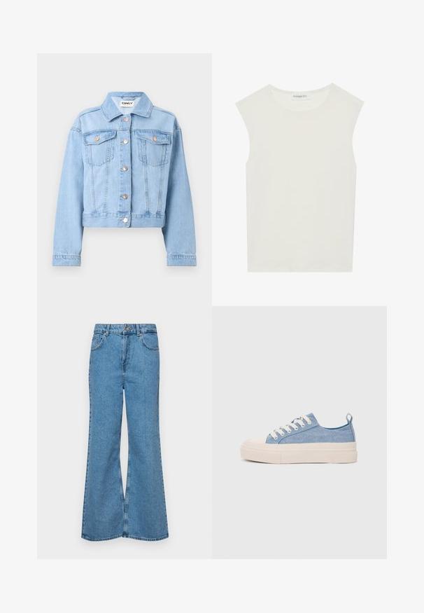 Veste en denim bleu clair avec un col, fermeture à boutons et deux poches poitrine. Dotée de manches longues et d'un ourlet court.; Haut sans manches blanc avec un col rond. Fabriqué en tissu lisse, il présente une coupe décontractée et un design minimaliste. Pas de motifs ni d'accents.; Jean flare bleu clair en denim, avec une taille haute, cinq poches et une fermeture à un bouton. Texture douce avec une finition décolorée.; Baskets en toile bleu clair avec une coque en caoutchouc crème et une semelle extérieure, dotées de lacets blancs et d'une languette au talon.
