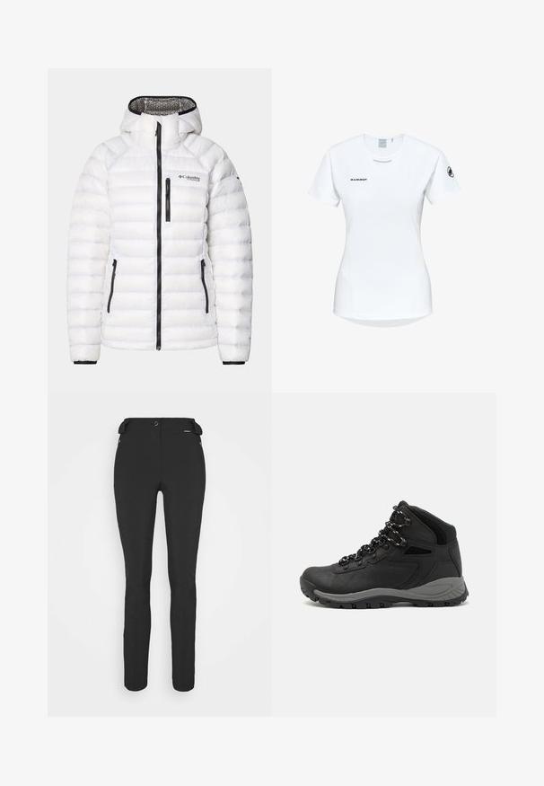 White puffer jacket with horizontal stitching, black zippers, and logo. Features a hood and elastic cuffs for a secure fit. Lightweight material.; Short-sleeve white athletic shirt with a round neckline, featuring a logo on the chest and a smooth, lightweight fabric texture.; Black, fitted pants made from a flexible material. Features include a zippered side pocket, articulated knees, and a smooth texture.; Black hiking boot with a mid-top design, featuring a textured upper, gray accents, and durable rubber sole with traction lugs.