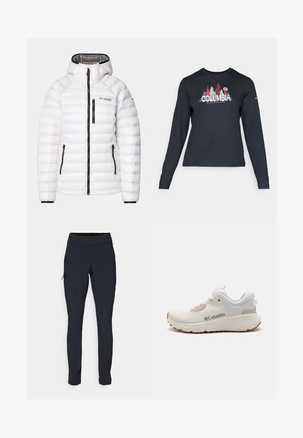 White puffer jacket with horizontal stitching, black zippers, and logo. Features a hood and elastic cuffs for a secure fit. Lightweight material.; Long-sleeve dark gray shirt with a graphic of red trees and mountains; "COLUMBIA" logo in bold white text. Soft fabric, standard crew neck.; Black athletic pants with a slim fit, elastic waistband, and a side pocket featuring a zipper. Smooth, stretchy fabric with minimal seams.; Lightweight Columbia athletic shoe in white mesh with a textured gray sole and rubber traction. Features a padded collar and lace-up design.
