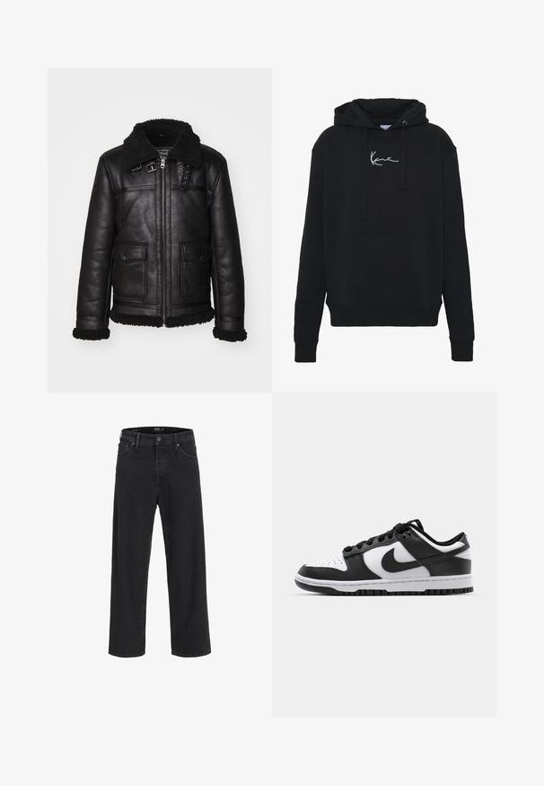 Juodas odinis švarkas su pūkuotu apykakle, užtrauktuku ir dviem priekinėmis kišenėmis. Yra dekoratyvūs apdažai ir siuvinėjimo detalės.; Juodas gobtuvas, pagamintas iš minkštos medžiagos, su priekinėmis kišenėmis, raišteliais ir balta logotipo siuvinėjimu ant krūtinės. Klasikinis fasonas ir raštuoti rankogaliai.; Juodos tiesios kojų džinsinės kelnės su mygtuku ir užtrauktuku, diržo kilpos, taip pat priekinės ir galinės kišenės.; Juoda ir balta Nike Dunk sportbačiai, turintys odinį viršutinį sluoksnį, perforuotą nykštyje, juodas raišteles ir juodą guminį pado su reljefu.