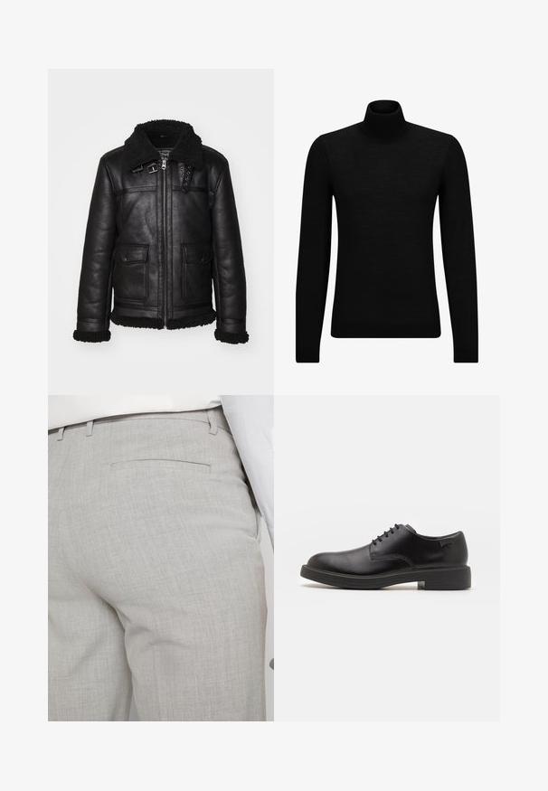 Juodas odinis švarkas su pūkuotu apykakle, užtrauktuku ir dviem priekinėmis kišenėmis. Yra dekoratyvūs apdažai ir siuvinėjimo detalės.; Juodas aukšto kaklo megztinis, pagamintas iš minkštos medžiagos, su ilgomis rankovėmis ir prigludusia forma. Su raukiniais apačioje ir rankogaliuose. Paprastas dizainas.; Šviesiai pilkos spalvos pritaikytos kelnės iš faktūrinės medžiagos, turinčios vieną užpakalinę kišenę ir tvarkingus siūlus.; Juodas odinis batų modelis su raišteliais, apvaliu nosiu, lygiu paviršiumi, minimaliai siuvinėjimu ir žemu guminėmis pakulne. Ant pakulnės šalia logo.